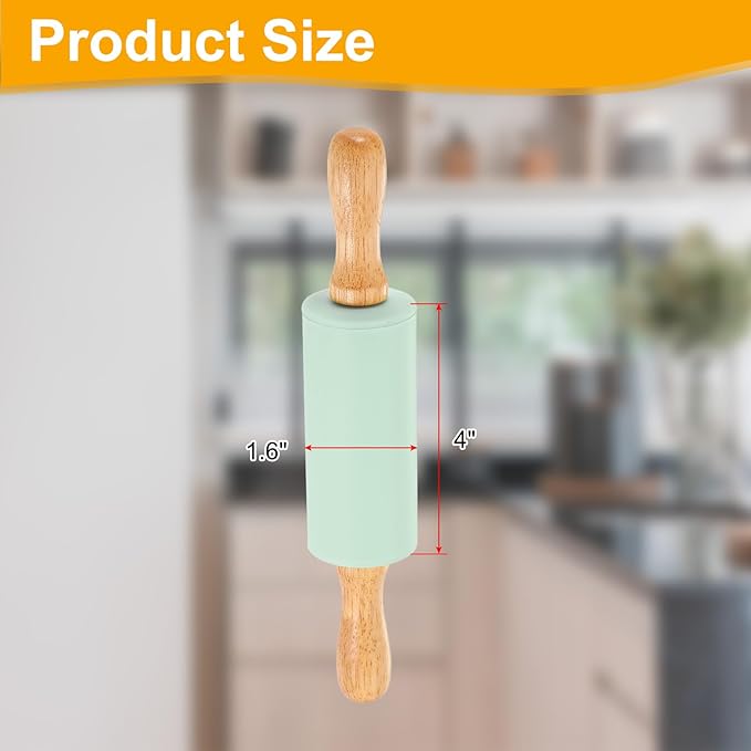 uxcell 4 Inch Silicone Rolling Pin, Small Dough Roller with Wood Handle for Pizza Pastry Fondant Kitchen, Mint Green