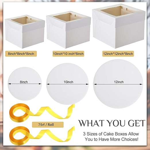 48 Pcs Cake Boxes with Boards 24 Baking Boxes with Window 24 Cake Boards 2 Rolls Silk Ribbon Large Square Baking Storage in 3 Sizes 12x12x8, 10x10x8, 8x8x8 Inch Disposable Dessert Containers