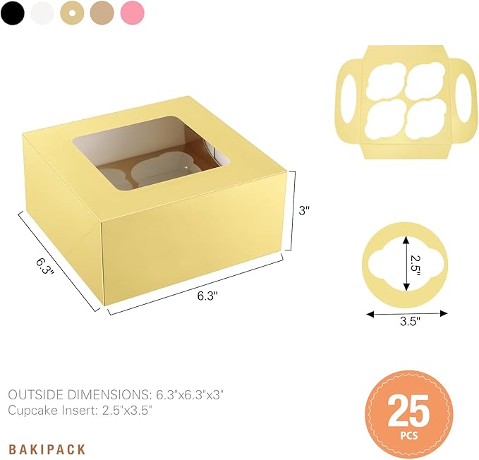 25 Gold Cupcake Boxes, 4 Count Cupcake Containers with Window and Inserts, 6.3×6.3×3 Inches Cupcake Holders for Cupcakes, Muffins, Cookies, Desserts, Pastries