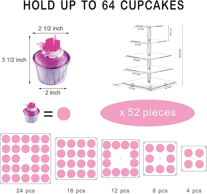 Cupcake Stand, 5-Tier Square Cupcake Holder with LED Light String, Acrylic Cupcake Tower Display-Dessert Tower-Pastry Stand-Cupcake Tier Stand for Wedding, Birthday Party (Pink Light)