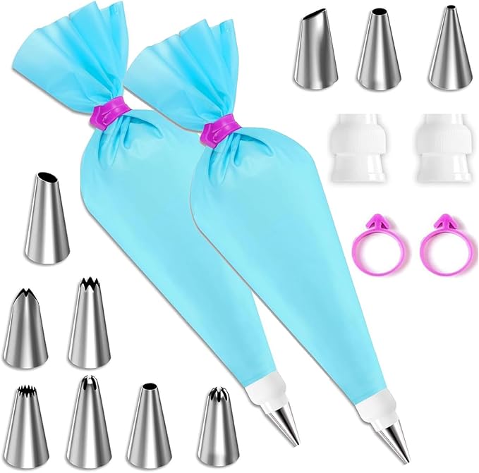 16 Pcs Piping Bags and Nozzles Set – Reusable Silicone Pastry Bags with Stainless Steel Icing Tips for Cake Decorating, Cookies & Cupcakes
