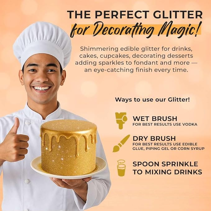 Gold Edible Glitter for Drinks Bulk 20g | Premium Edible Glitter for Cakes, Cocktails, Gold Cake Decorating Decorations Food Grade, Vegan, Kosher, Halal, Gluten Free - Made in USA