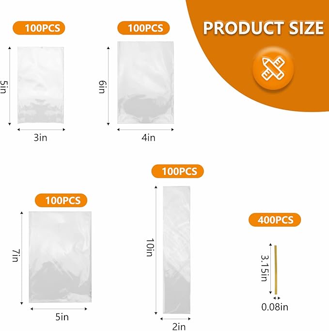 400 PCS Clear Flat Cellophane Treat Bags with 3x5",4x6",5x7",2x10",Treat Bags with Ties are Good for Pretzel Rods,Bakery, Cookies, Candies,Dessert.