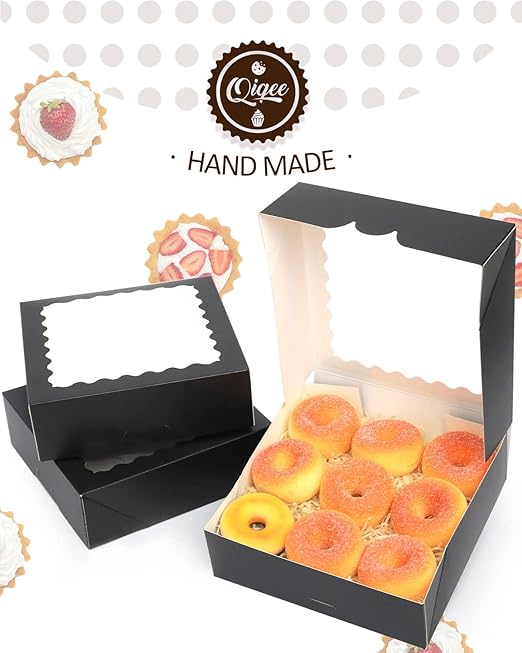 qiqee Auto-pop Up 30pcs Pie Box With Window 9x9x2.5 Inch Donut Pastry Boxes Black Bakery Box