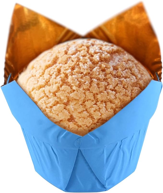 Party Hippo Gold Tulip Cupcake Liners 100 Pcs Baking Paper Cups Holders Greaseproof Muffin Cases Wrappers for Wedding Birthday Party Baby Shower (Blue)