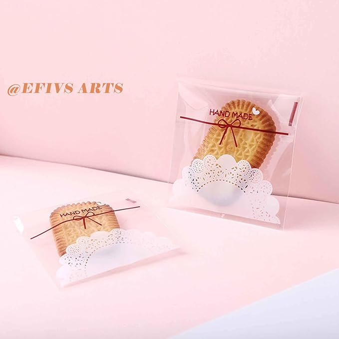 200pcs 5.5x5.5in Lovely Lace Bowknot Clear Biscuit Roasting Treat Present DIY Plastic Candy Individual Wrappers Self Adhesive OPP Cookie Bakery Decorating Favor Bags