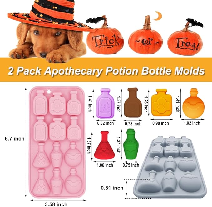 2 Pack 3D Apothecary Potion Bottle Silicone Molds 12 Cavity Halloween Themed Baking Mould Tray DIY Baking Tool for Chocolate Cake Dessert Candy Mousse Pastry Handmade Soap Crayons Cupcake Topper
