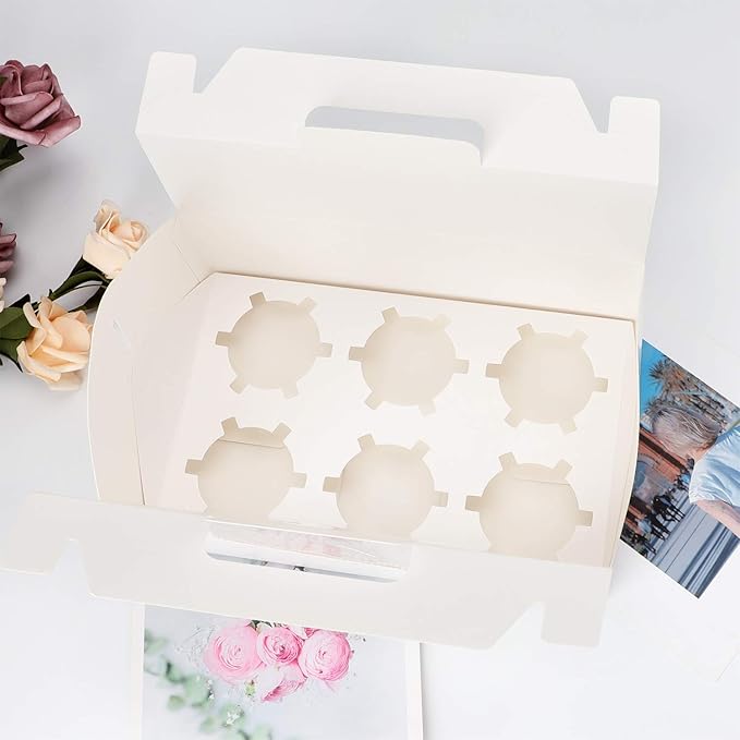 EUSOAR Cupcake Boxes with Holders, 50pcs 9.3" x 5.9" x 3.5" Cupcake Carrier with Handle Insert Display Window, Party Favor Bakery To Go Cupcake Muffin Carry Boxes Container Fits 6 Cupcakes or Muffins