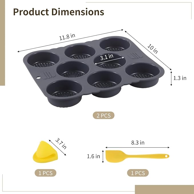 2 Pcs Hamburger Bun Molds, 8-Cup Burger Bun Pans with Spatula, Brush and Grab Glove, Silicone Egg Bite Molds, Silicone Muffin Pans for Baking, Dishwasher and Microwave Safe