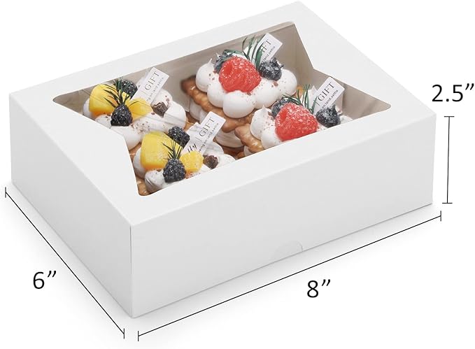 Eupako Cookie Boxes with Window 8x6x2.5 Inhces, 24pcs Auto-Popup White Treat Boxes for Bakery, Donuts, Candy, Pastry,Cupcakes, Biscuits, Chocolate Strawberries