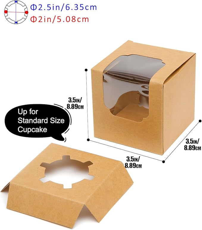 Bakepacker Auto-pop up Cupcake Boxes 100-Packs Individual Cupcake Container Brown 3.5" x 3.5" x 3.5" Single Cupcake Boxes