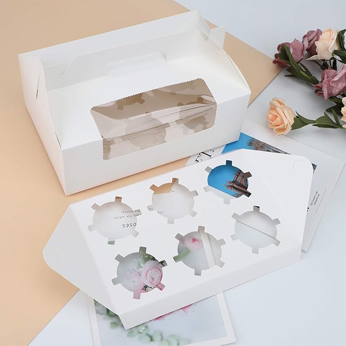 EUSOAR Cupcake Boxes with Holders, 50pcs 9.3" x 5.9" x 3.5" Cupcake Carrier with Handle Insert Display Window, Party Favor Bakery To Go Cupcake Muffin Carry Boxes Container Fits 6 Cupcakes or Muffins
