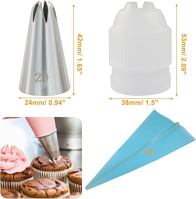 3 Pcs 1M 2D 2F Piping Tips, Stainless Steel Decorating Seamless Nozzles Icing Tips with Coupler Adapter & 12In Silicone Pastry Bag, Baking Tools for Birthday Cakes/Cupcakes/Cookie