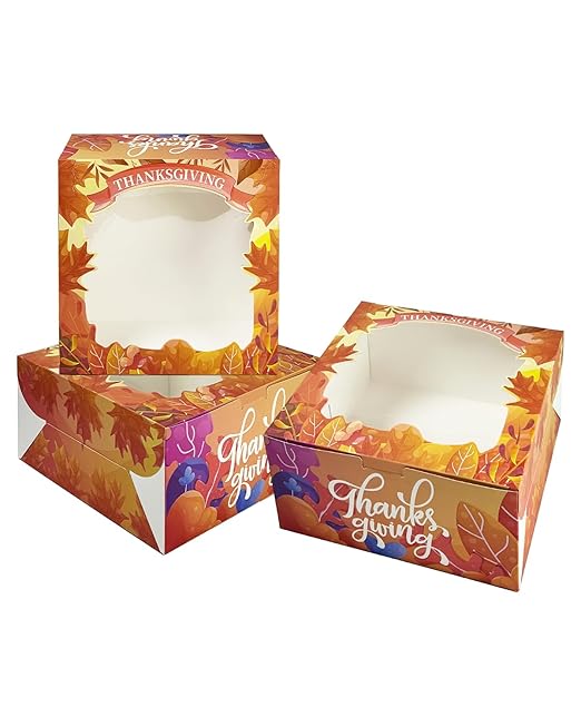 qiqee Thanksgiving 4pcs 10x10x5 inches Cake Boxes with Window 4Packs, 10 Inch Bakery Boxes Orange Maple Leaf Thanksgiving (4 cake boxes +4 Cake Boards Included)