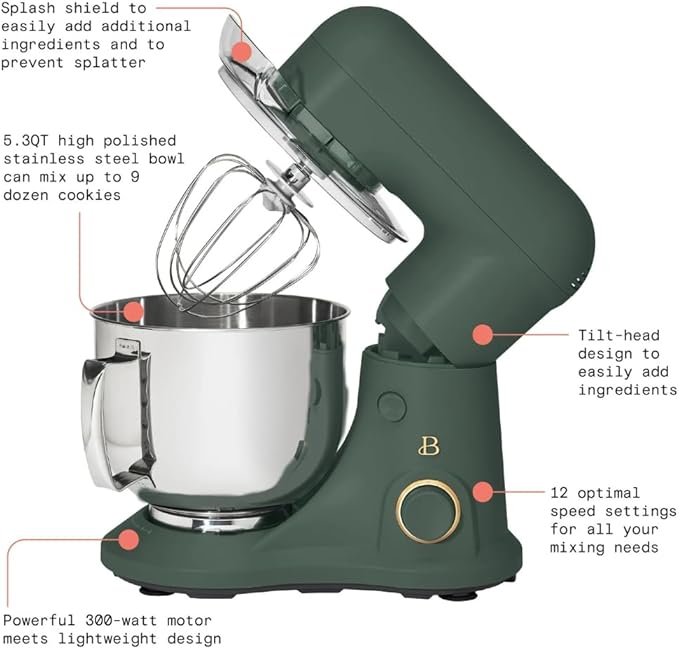 Beautiful 5.3QT 300W Stand Mixer with 12 Speeds, Tilt-Head, Splash Guard & Dishwasher-Safe Accessories, Soft Matte Finish – Mixes Up to 9 Dozen Cookies, Includes Dough Hook & Whisk (Thyme Green)