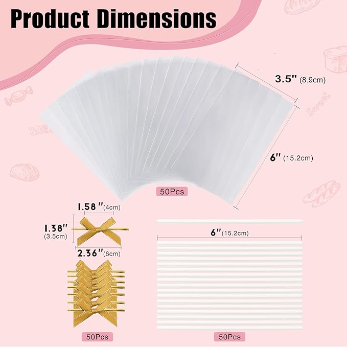 RomanticBaking 50 Sets Clear Rice Krispie Treat Bags with Gold Ribbon Bow and Stick & Flat Cellophane Clear Bags for Rice Krispie Treats Gift Giving Bag(Gold)