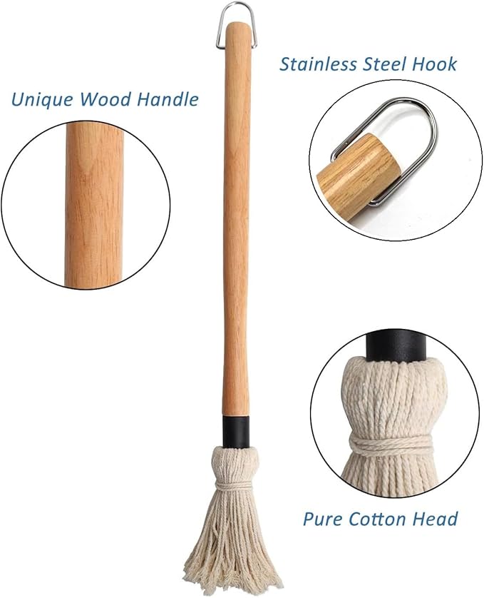 Basting Mops Brush Set for BBQ Grilling 15.5" & 11.2" - Detachable Wooden Handle Sauce Brushes with 4pcs Extra Replacement Heads & 1 Silicone Brush - BBQ Mop for Outdoor Cooking, Camping