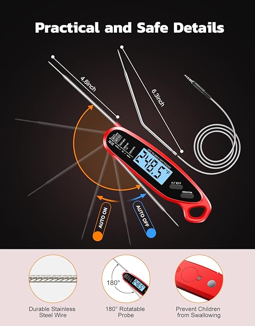 Instant Read Meat Thermometer Digital for Cooking & Grilling with Dual Probe, Kitchen Food Thermometer for Turkey Grill Smoker BBQ Oven Candy Oil Fry, Christmas Gifts Stocking Stuffers for Men