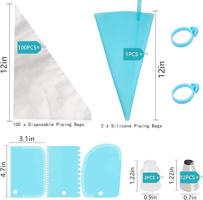 Piping Bags and Tips Set, 120 Pcs Cake Decorating Kit with 100 Disposable Piping Bags, Reusable Icing Bag, Frosting Tips, Couplers, Cake Scrapers, Cupcake Decorating Supplies