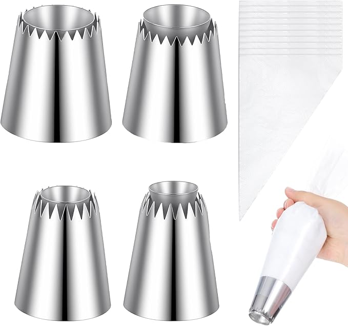 4 PCS Large Piping Tips Set Stainless Steel Big Icing Nozzles Kit with 10 PCS Piping Bag Cake Decorating Tips For Pastry, Cookies, Cupcakes, Baking Supplies