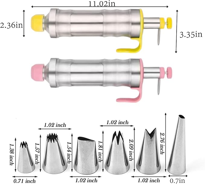 Dessert Decorating Syringe Set of 2, Frosting Piping Kit Stainless Steels Cake Decorating Kit with 12 Piping Tips Cupcake Decorating Kit Pink and Yellow