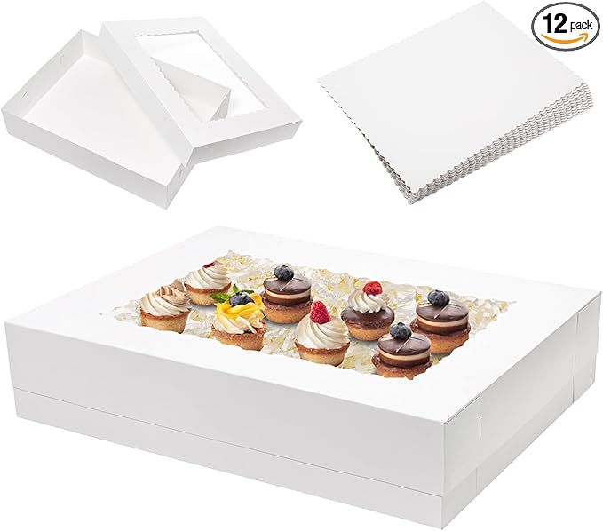 6pcs 19x14x4 Half Sheet Cake Boxes with 6pcs Cake Boards Rectangle 1/2 Sheet Bakery Boxes with Window for Pastry Baking Cake, Cupcakes, Donuts, Cookies, Pie Treat Packaging White Large
