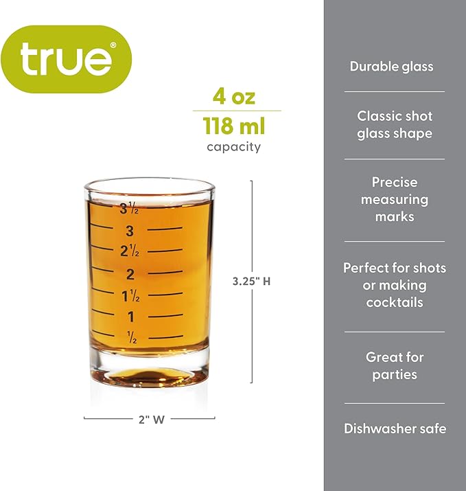 True Slam Tall glass shot Glasses, Prinked Half oz. Measurements for Cocktails, Bar Accessory Cups, Party Shot Cups, 4oz