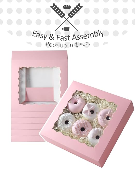 qiqee 8x8x2.5 Inch Pink Pastry Box With Window Donut Pie Boxes 12pcs Bakery Box (Auto-pop Up)