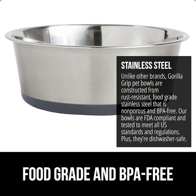GORILLA GRIP Dog Bowl, Holds 2 Cups (16 fl oz), Heavy Duty Metal Food and Water Bowl for Feeding Dogs and Cats, Easy Clean, Dishwasher Safe, Rust Resistant Stainless Steel, BPA Free Rubber Base, Gray
