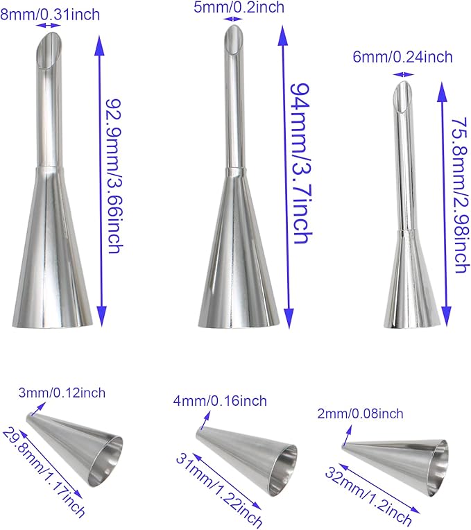 6PCS Cream Horn Molds Different Size Cream Icing Piping Tips Stainless Steel Cake Decorating Supplies for Various Pastries and Puffs
