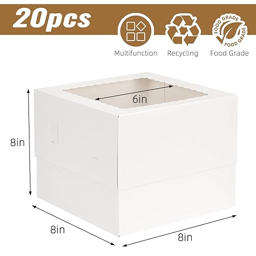 Moretoes 20pcs 8x8x8 Inches Cake Boxes with Window, White Bakery Dessert Boxes, Cajas Pasteles for Cake, Valentine's Day, Mother's Day, Birthday, Wedding, Party