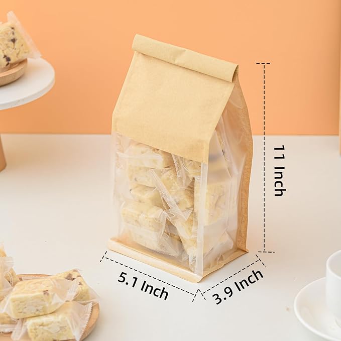 50 Pcs 5.1 Inch Brown Kraft Paper Bread Bags with Tin Tie, Small Homemade Bread Packing Bag, Thickened Storage Bagel Bag with Clear Window for Sourdough, Baked