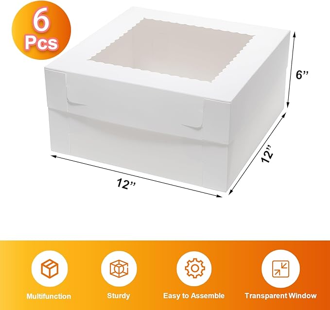 Cake Boxes 12x12x6 Inches 6 Pack Bakery Boxes with window for Tier Cakes 12 Inch Layer Tall Baking Carrier White Cardboard Bakery Take Out Transport Containers for Wedding, Birthday, Party