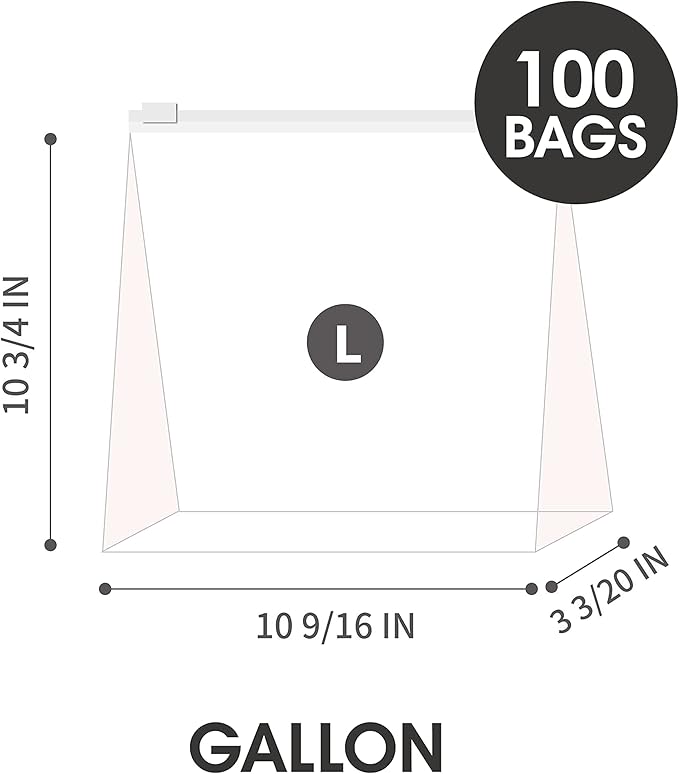 Gallon Slider Storage Bags- 100 Count, Featuring Expandable Bottom, Zero BPA, Microwave-Safe(4 boxes of 25)