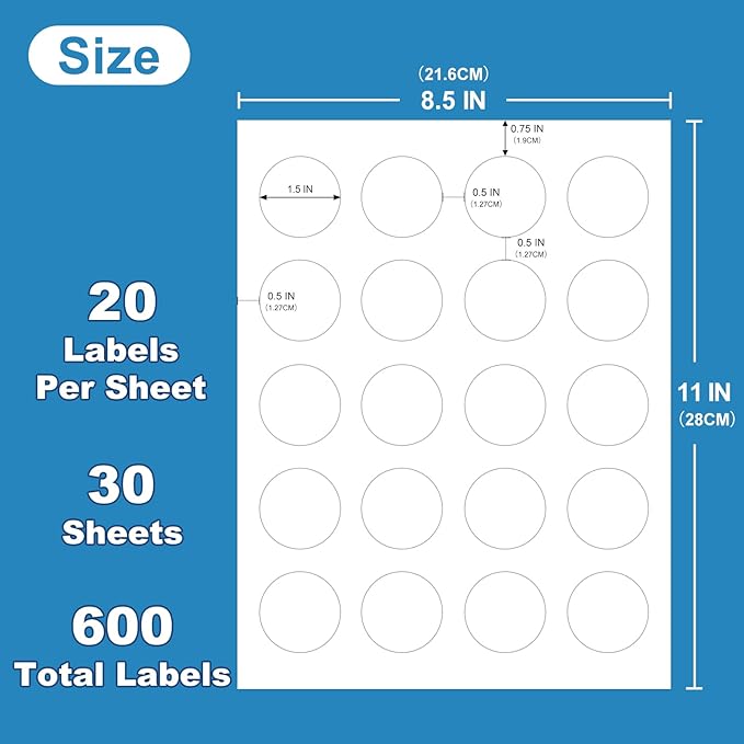 1.5" Round Sticker Labels - White Printable Sheets, Circle Stickers - 30 Sheets | 600 Labels (HB-C020)