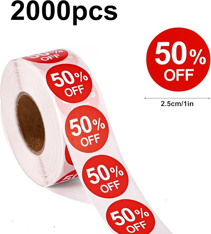 2000pcs 50% Discount Stickers, 1in Round Self Adhesive 50 Percent Off Signs Promotion Labels Price Markers Sales Reduced Tags for Retail Stores Supermarkets Shops (Red)