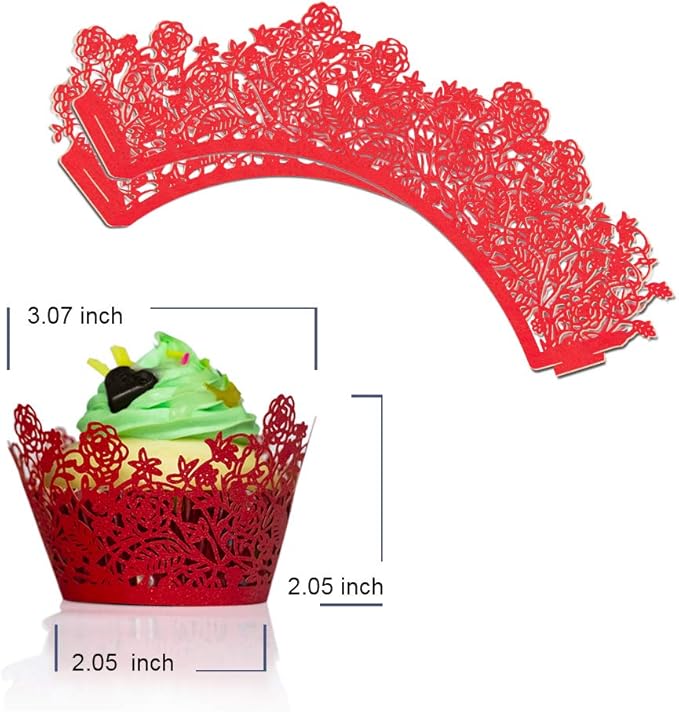 YOZATIA 60pcs Red Rose Lace Cupcake Wrappers Holders, Laser Cut Cupcake Liners Decorative Liners for Wedding Party Birthday Cake Decoration Supplies (Red)