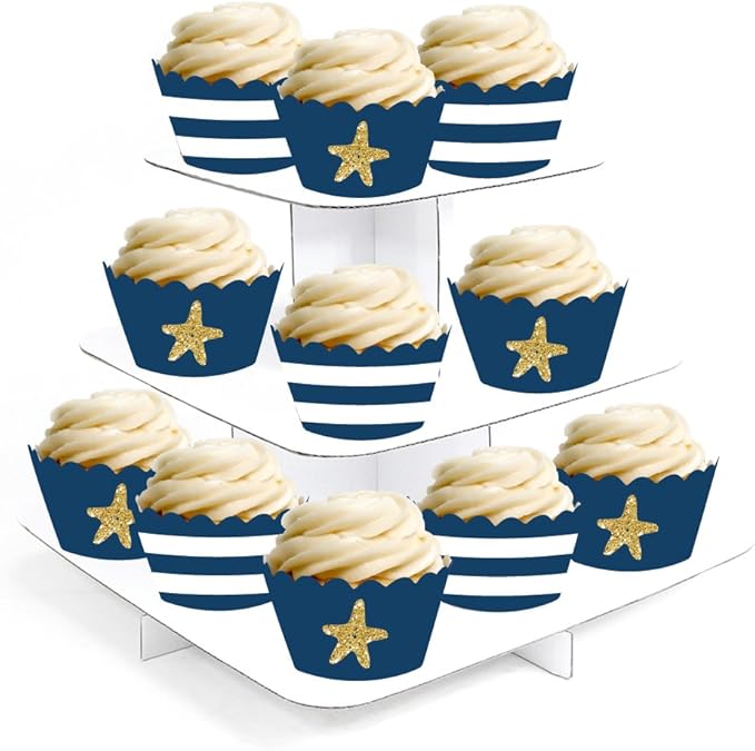 Andaz Press Party Cupcake Wrapper Decorations, Navy Blue Stripes and Faux Gold Glitter Starfish, 24-Pack, Nautical Sailing Ocean Wedding Bridal Baby Shower Birthday Theme Colored Bulk Cake Supplies