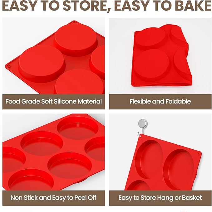 Redfly Silicone Egg Molds for Breakfast Sandwiches 3 Pcs, Non Stick 4 Inch Egg Bites Baking Pans, Jumbo Silicone Muffin Pans for Baking, Round Muffin Top Pan for Whoopie Pie Pan, Hamburger, Fruit Tart