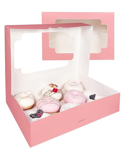 qiqee Auto-pop up Pink Cookie Box with Window 12x8x2.5 inch 18 Packs Two Uses One Second Folding Pastry Biscuit Bakery Box for Packaging