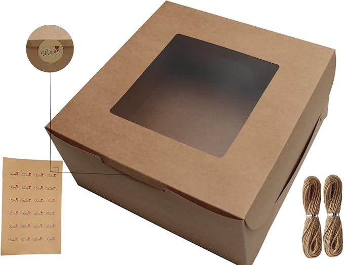 PQZKLDP 10Packs 10x10x5 Inches Brown Kraft Cake Boxes with Window, Gift Packing, Bakery Boxes, Dessert, Pastry, Cupcake, Pie Cookies, With Stickers,66 FT Twine (10 * 10 * 5 Inch, Brown)