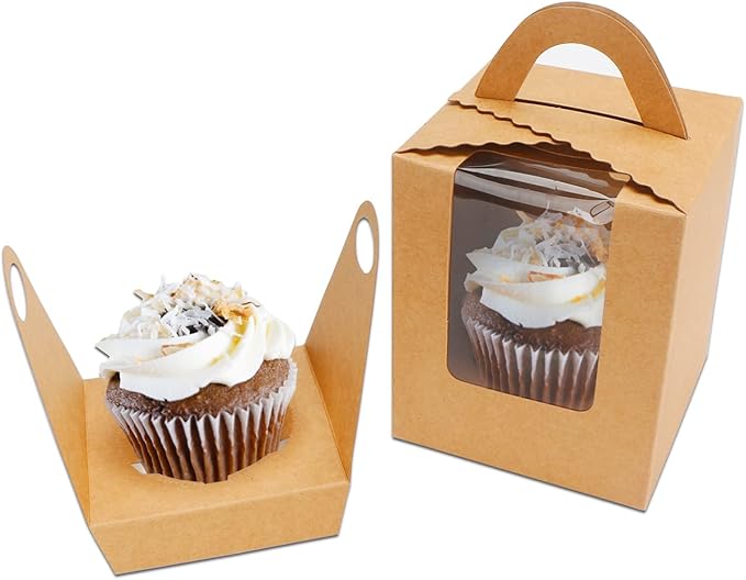 EUSOAR Cupcake Boxes Kraft Paper, 50pcs Portable Single Individual Paper Cupcake Holder Containers,Muffin Gift Boxes with Window Inserts Handle, for Wedding Birthday Party Candy Boxes