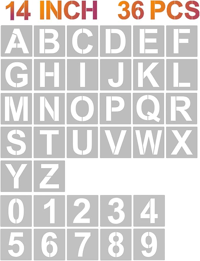 YEAJON 14 Inch Letter Stencils and Numbers, 36 Pcs Alphabet Art Craft Stencils, Reusable Plastic Templates for Wood, Wall, Fabric, Rock, Signage, DIY Art Projects