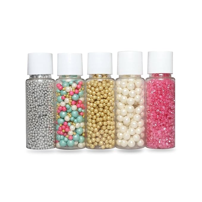 Confect Assorted Sprinkles Mix Pack of 5 – Silver, Gold, White, Blue Dragees & Bright Pink Sugar for Cake & Cupcake Decoration | Edible Toppings for Movie Night, Disco Party & Baking Fun | Vegan, Gluten Free, Nut-Free, Palm Oil-Free- 5 oz