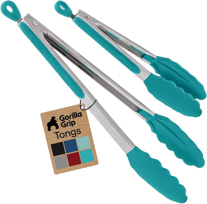 GORILLA GRIP Stainless Steel Heat Resistant Kitchen Tongs for Cooking, Set of 2 BBQ Tong, Non Scratch Silicone Tip for Pans, Strong Grip, Grab Food, Salad, Air Fryer, Pull Lock, 7 + 9 Inch, Turquoise