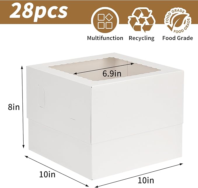 Moretoes 28pcs Cake Boxes, 10x10x8 Inch Bakery Boxes, Cake Boxes for Pastries, Desserts, Pie, Valentine's Day, Mother's Day, Birthday Party, White