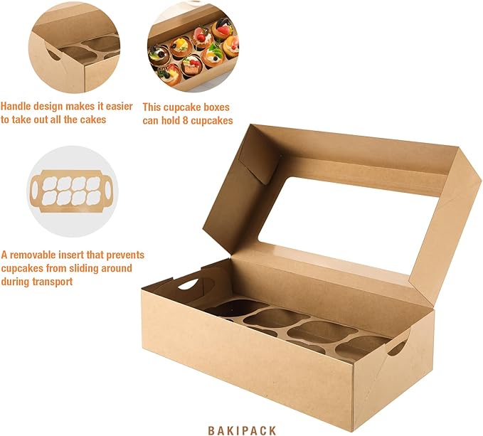 15 Cupcake Boxes 8 Count with Window and Inserts, Kraft Cupcake Containers, Cupcake Boxes for Cupcakes, Muffins, Cookies, Desserts