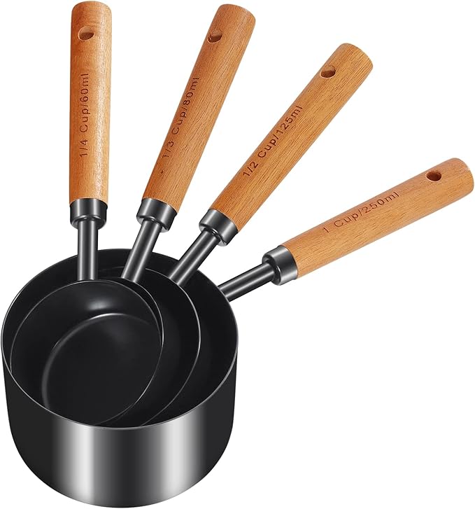 GuDoQi 8pcs Measuring Cups and Spoons Set Wood Handle Golden Stainless Steel Measuring Cups and Spoons，Measurements, US Measurements Dry & Liquid Kitchen Measure Set for Cooking and Baking, Black