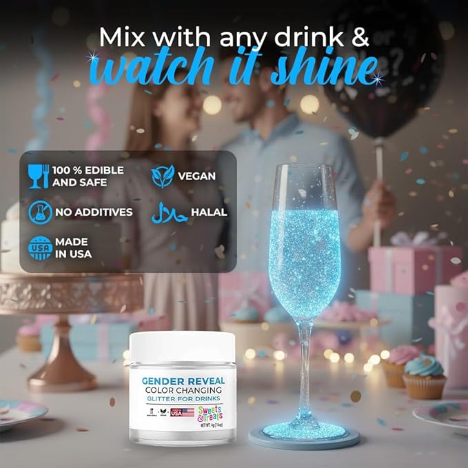 Sweets & Treats Boutique Gender Reveal Decorations Edible Glitter for Drinks, Magical Ideas, Surprise Boy or Girl Sprinkles as Drink Brew Glitter, Baby - Blue