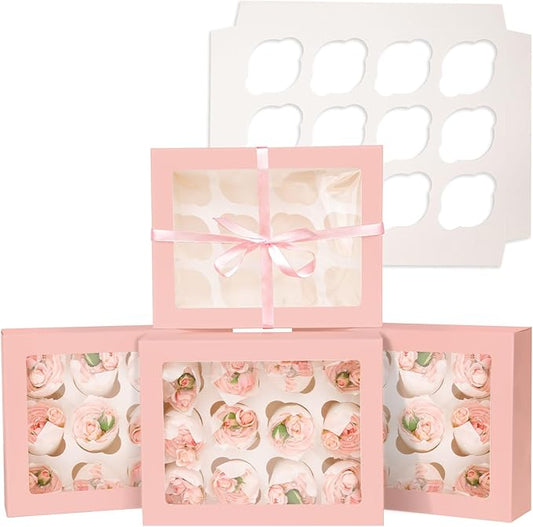 Bakepacker 12 Cupcake Containers 10-Packs Pink Cupcake Box Cupcakes Carrier, 12 Cupcake Boxes with Window 13"x10"x3.5"（Auto-pop up）